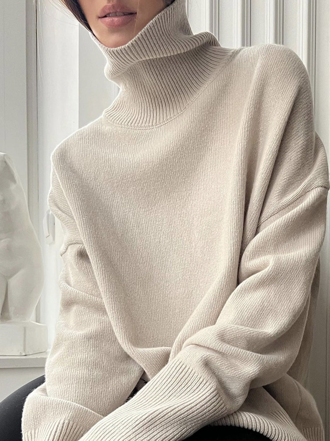 Ribbed Detail Turtleneck Dropped Shoulder Sweater - Danielle and Jason Baker LLC - Danielle Baker's Boutique