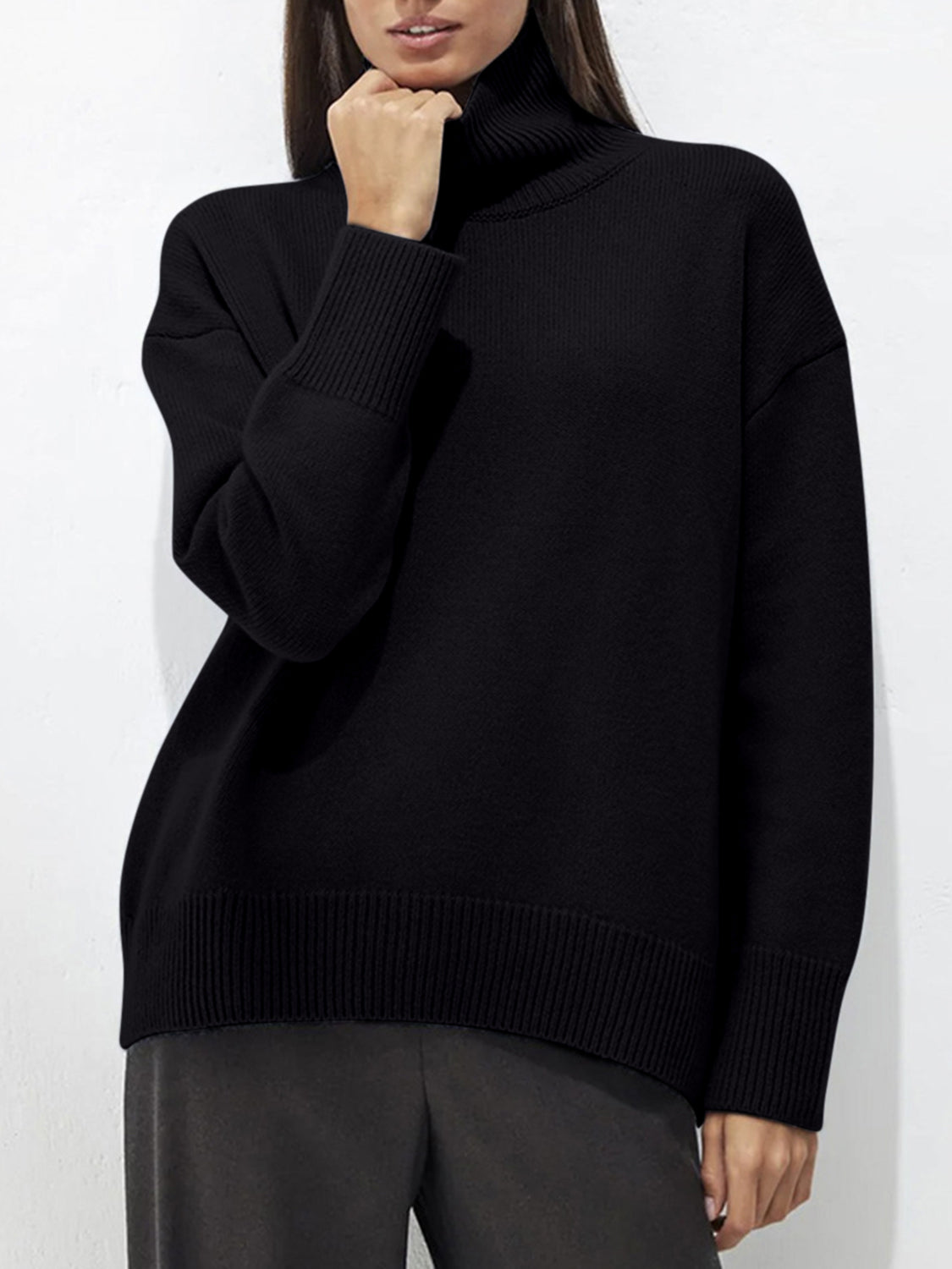Ribbed Detail Turtleneck Dropped Shoulder Sweater - Danielle and Jason Baker LLC - Danielle Baker's Boutique