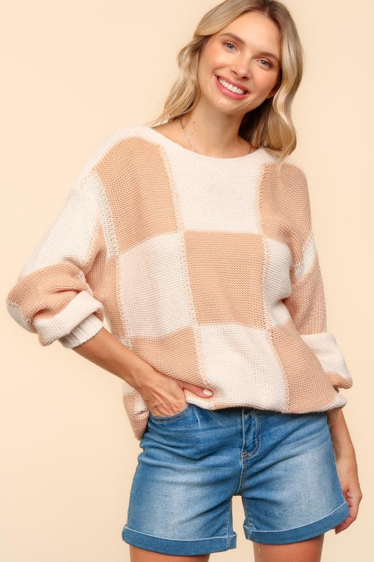 Haptics Full Size Checkered Round Neck Drop Shoulder Sweater - Danielle and Jason Baker LLC - Danielle Baker's Boutique
