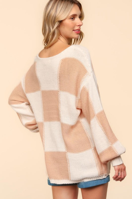 Haptics Full Size Checkered Round Neck Drop Shoulder Sweater - Danielle and Jason Baker LLC - Danielle Baker's Boutique