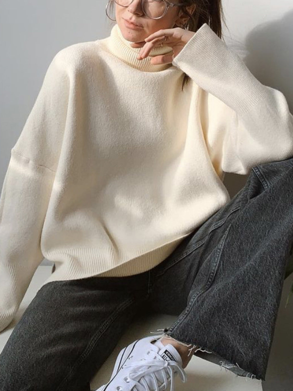 Ribbed Detail Turtleneck Dropped Shoulder Sweater - Danielle and Jason Baker LLC - Danielle Baker's Boutique