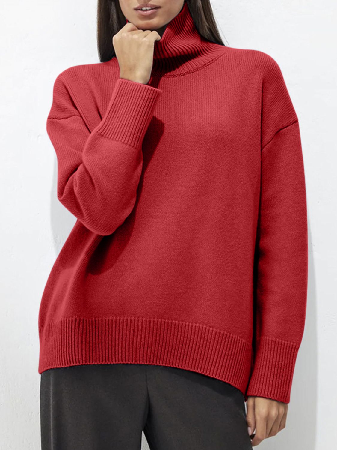 Ribbed Detail Turtleneck Dropped Shoulder Sweater - Danielle and Jason Baker LLC - Danielle Baker's Boutique
