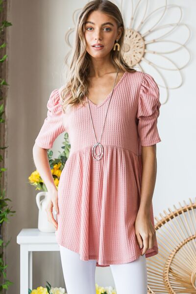 Heimish Full Size Waffle Knit V-Neck Babydoll Top - Danielle and Jason Baker LLC - Danielle Baker's Boutique