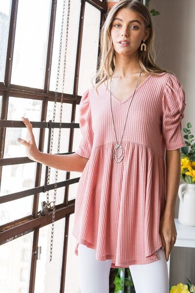Heimish Full Size Waffle Knit V-Neck Babydoll Top - Danielle and Jason Baker LLC - Danielle Baker's Boutique