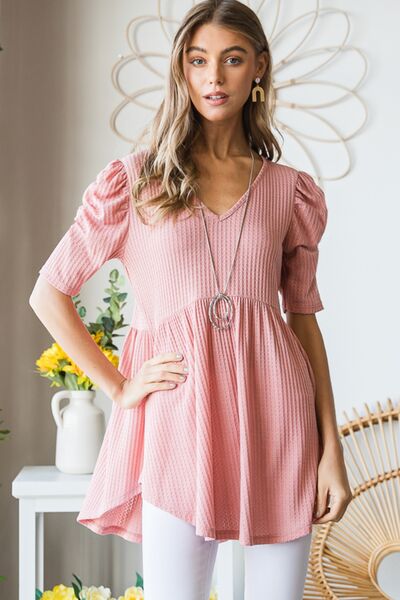 Heimish Full Size Waffle Knit V-Neck Babydoll Top - Danielle and Jason Baker LLC - Danielle Baker's Boutique