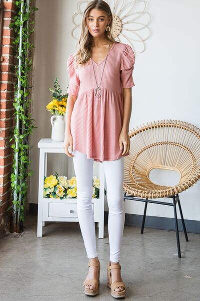 Heimish Full Size Waffle Knit V-Neck Babydoll Top - Danielle and Jason Baker LLC - Danielle Baker's Boutique