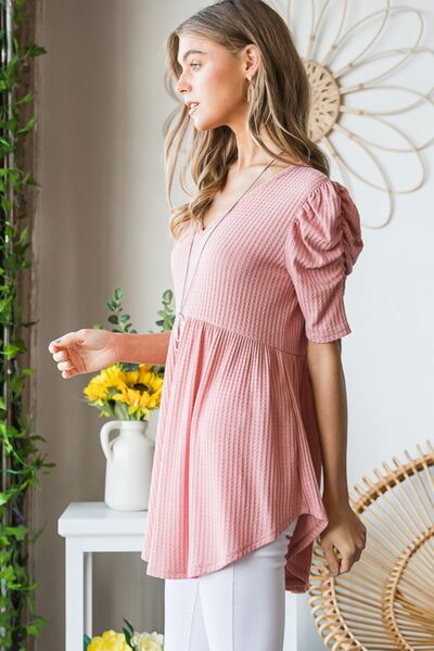 Heimish Full Size Waffle Knit V-Neck Babydoll Top - Danielle and Jason Baker LLC - Danielle Baker's Boutique