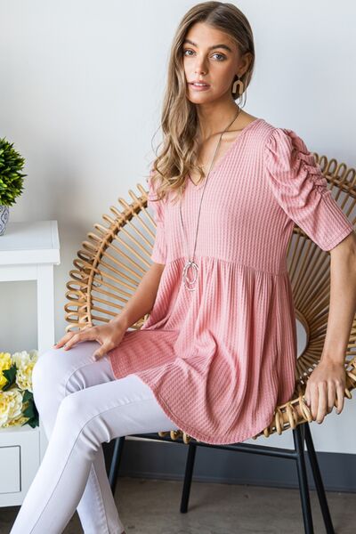 Heimish Full Size Waffle Knit V-Neck Babydoll Top - Danielle and Jason Baker LLC - Danielle Baker's Boutique