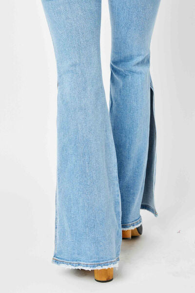 Judy Blue Full Size Mid Rise Raw Hem Slit Flare Jeans - Danielle and Jason Baker LLC - Danielle Baker's Boutique
