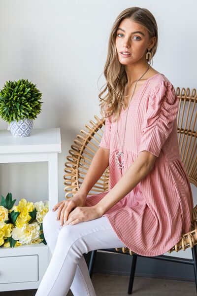 Heimish Full Size Waffle Knit V-Neck Babydoll Top - Danielle and Jason Baker LLC - Danielle Baker's Boutique