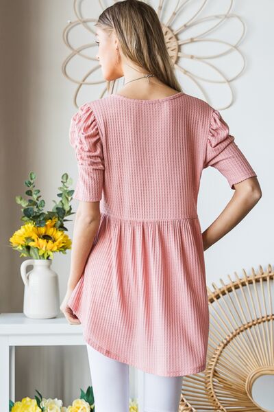 Heimish Full Size Waffle Knit V-Neck Babydoll Top - Danielle and Jason Baker LLC - Danielle Baker's Boutique
