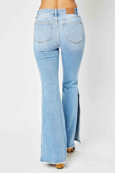 Judy Blue Full Size Mid Rise Raw Hem Slit Flare Jeans - Danielle and Jason Baker LLC - Danielle Baker's Boutique