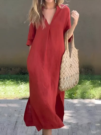 Notched Half Sleeve Midi Dress