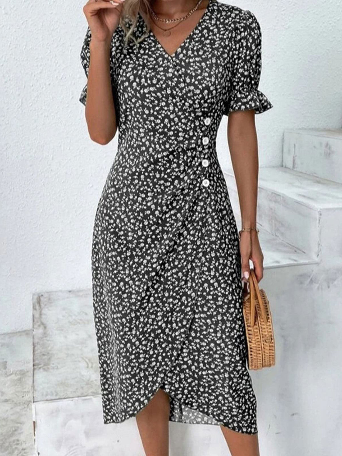 Printed Surplice Flounce Sleeve Midi Dress - Danielle and Jason Baker LLC - Danielle Baker's Boutique