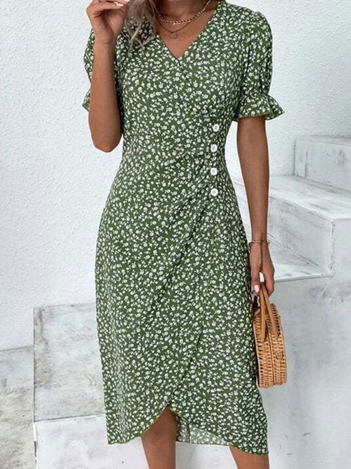 Printed Surplice Flounce Sleeve Midi Dress - Danielle and Jason Baker LLC - Danielle Baker's Boutique