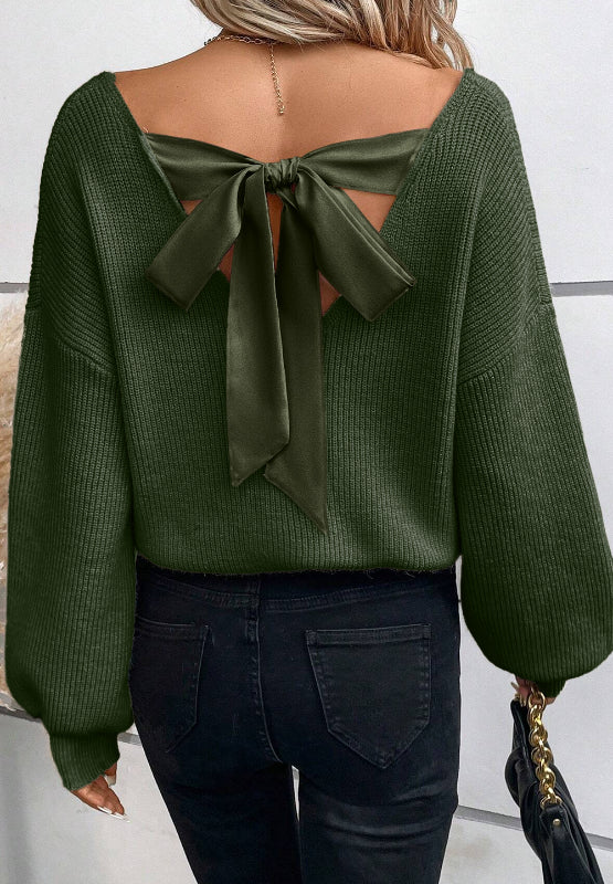 Tied Back Bow V-Neck Long Sleeve Sweater - Danielle and Jason Baker LLC - Danielle Baker's Boutique