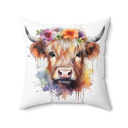 Farmhouse Watercolor Abstract Color Blast Highland Cow Square Throw Pillow