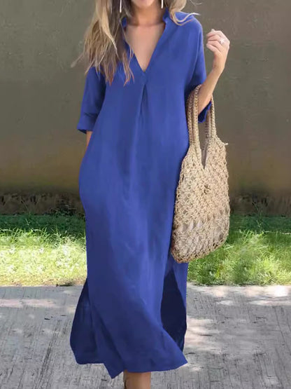 Notched Half Sleeve Midi Dress