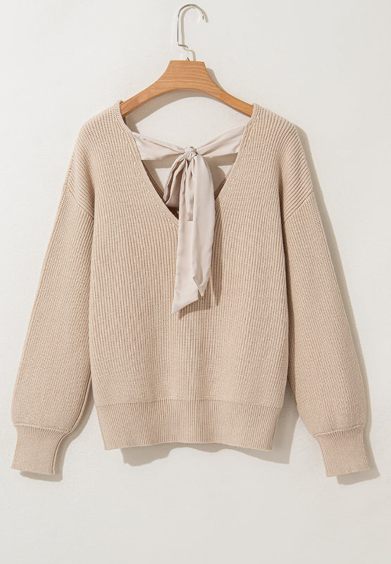 Tied Back Bow V-Neck Long Sleeve Sweater - Danielle and Jason Baker LLC - Danielle Baker's Boutique