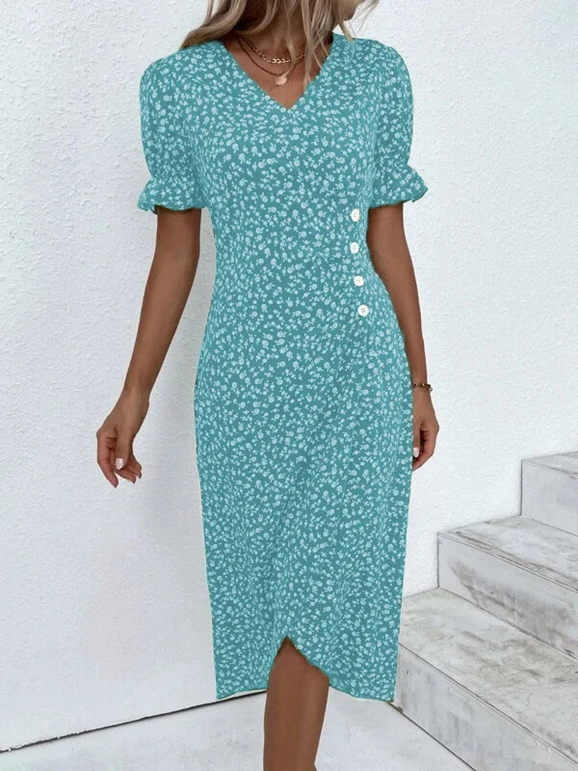 Printed Surplice Flounce Sleeve Midi Dress - Danielle and Jason Baker LLC - Danielle Baker's Boutique