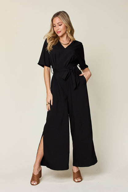 Double Take V-Neck Tie Front Short Sleeve Slit Jumpsuit