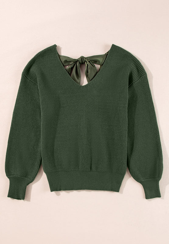 Tied Back Bow V-Neck Long Sleeve Sweater - Danielle and Jason Baker LLC - Danielle Baker's Boutique