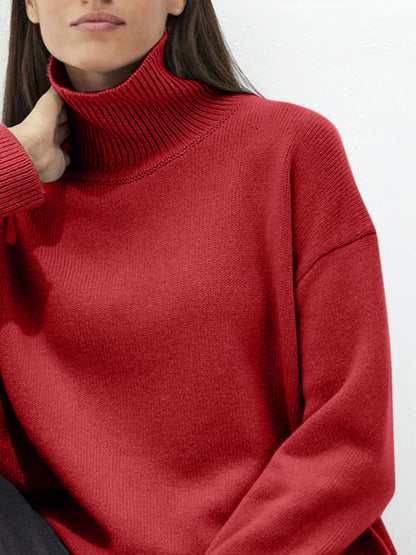 Ribbed Detail Turtleneck Dropped Shoulder Sweater