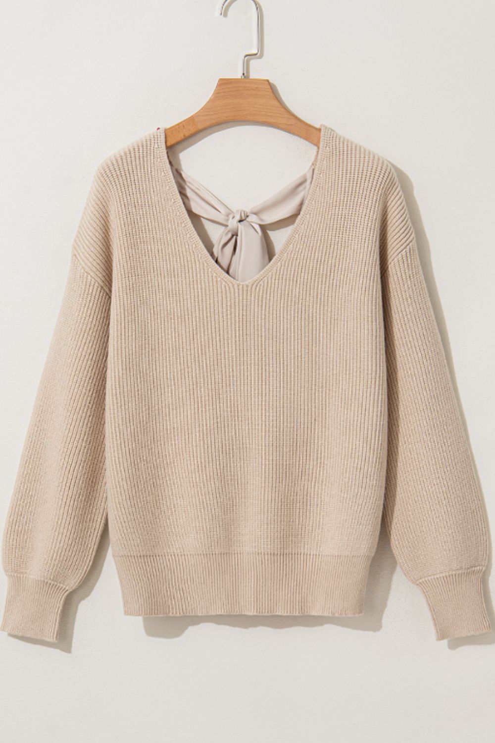 Tied Back Bow V-Neck Long Sleeve Sweater - Danielle and Jason Baker LLC - Danielle Baker's Boutique