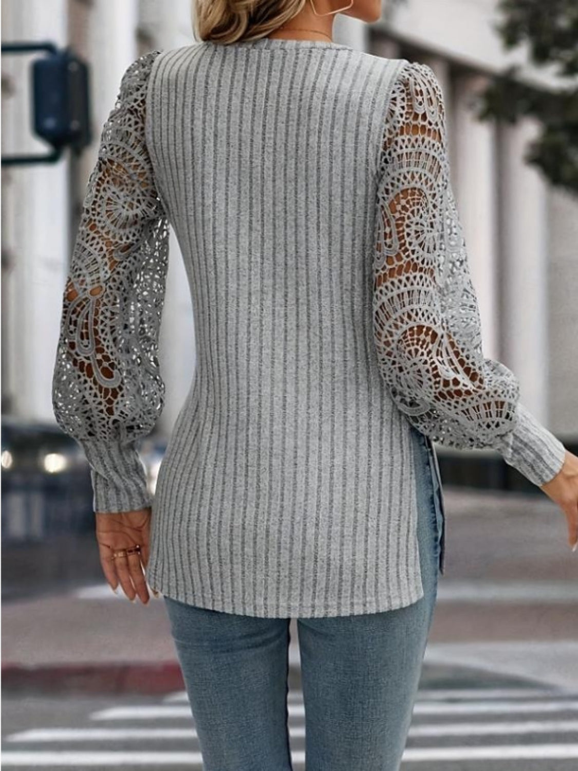 Side Slit V-Neck Lace Long Sleeve T-Shirt - Danielle and Jason Baker LLC - Danielle Baker's Boutique