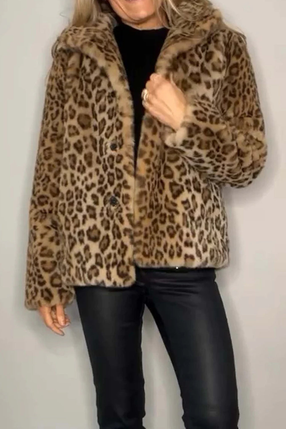 Leopard Furry Faux Fur Long Sleeve Coat