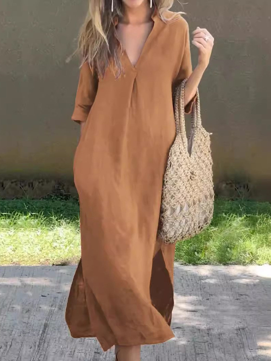 Notched Half Sleeve Midi Dress