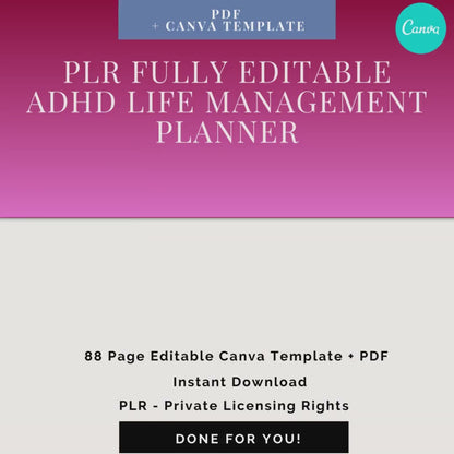 PLR ADHD Printable Planner, ADHD Digital Planner, Undated editable planner, Daily, Weekly, Monthly, Home Management, Private Label Rights