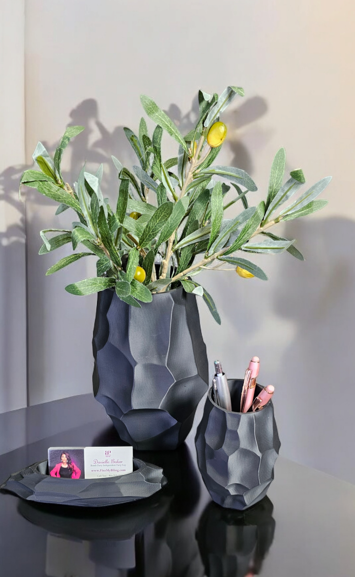 Obsidian "Lava" Office Accessory set Vase, pen pencil cup holder and a business card holder - Danielle and Jason Baker LLC - Danielle Baker's Boutique