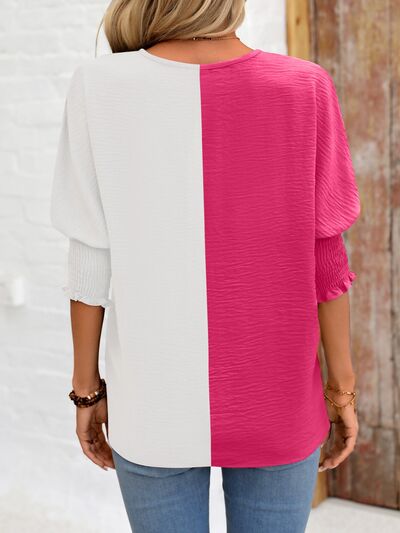 Contrast V-Neck Lantern Sleeve Blouse - Danielle and Jason Baker LLC - Danielle Baker's Boutique