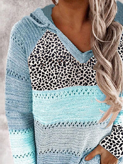 Full Size Openwork Leopard Drawstring Hooded Sweater - Danielle and Jason Baker LLC - Danielle Baker's Boutique