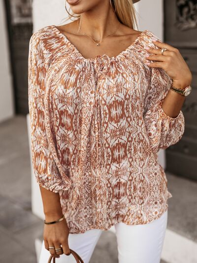 Printed Boat Neck Balloon Sleeve Blouse