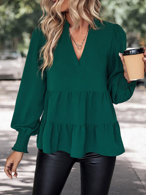 Notched Neck Lantern Sleeve Blouse - Danielle and Jason Baker LLC - Danielle Baker's Boutique