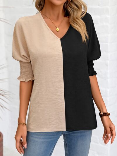 Contrast V-Neck Lantern Sleeve Blouse - Danielle and Jason Baker LLC - Danielle Baker's Boutique