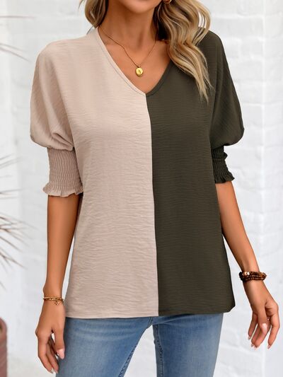 Contrast V-Neck Lantern Sleeve Blouse - Danielle and Jason Baker LLC - Danielle Baker's Boutique