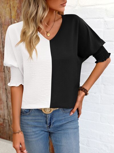 Contrast V-Neck Lantern Sleeve Blouse - Danielle and Jason Baker LLC - Danielle Baker's Boutique