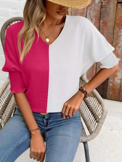 Contrast V-Neck Lantern Sleeve Blouse - Danielle and Jason Baker LLC - Danielle Baker's Boutique