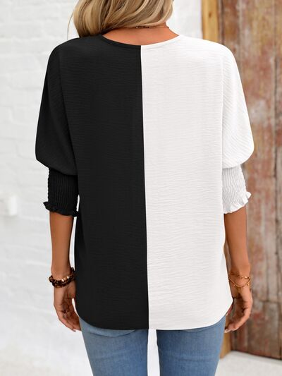 Contrast V-Neck Lantern Sleeve Blouse - Danielle and Jason Baker LLC - Danielle Baker's Boutique