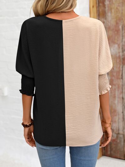 Contrast V-Neck Lantern Sleeve Blouse - Danielle and Jason Baker LLC - Danielle Baker's Boutique