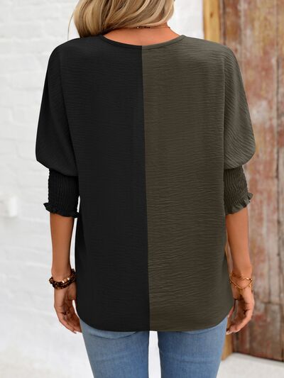 Contrast V-Neck Lantern Sleeve Blouse - Danielle and Jason Baker LLC - Danielle Baker's Boutique