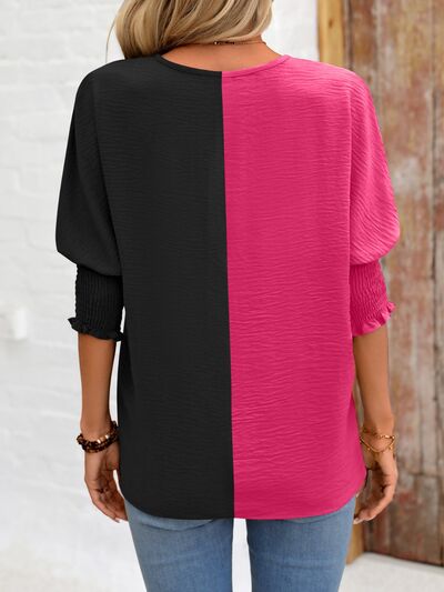 Contrast V-Neck Lantern Sleeve Blouse - Danielle and Jason Baker LLC - Danielle Baker's Boutique