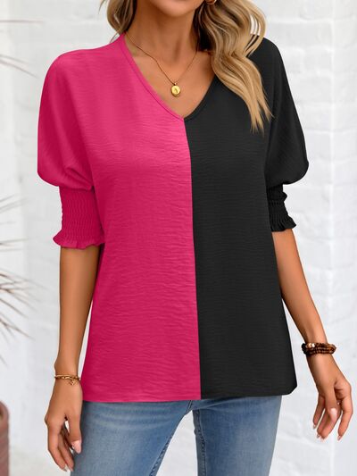 Contrast V-Neck Lantern Sleeve Blouse - Danielle and Jason Baker LLC - Danielle Baker's Boutique