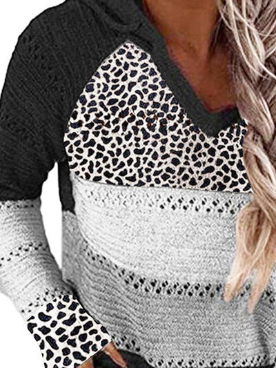 Full Size Openwork Leopard Drawstring Hooded Sweater - Danielle and Jason Baker LLC - Danielle Baker's Boutique