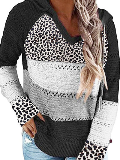 Full Size Openwork Leopard Drawstring Hooded Sweater - Danielle and Jason Baker LLC - Danielle Baker's Boutique