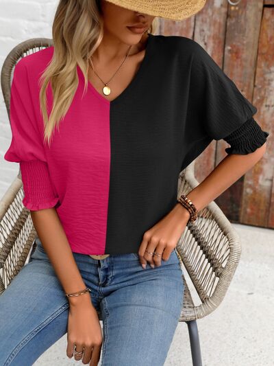 Contrast V-Neck Lantern Sleeve Blouse - Danielle and Jason Baker LLC - Danielle Baker's Boutique