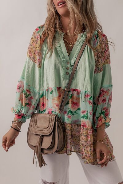 Floral Frill Trim Buttoned Notched Tiered Blouse - Sage Green
